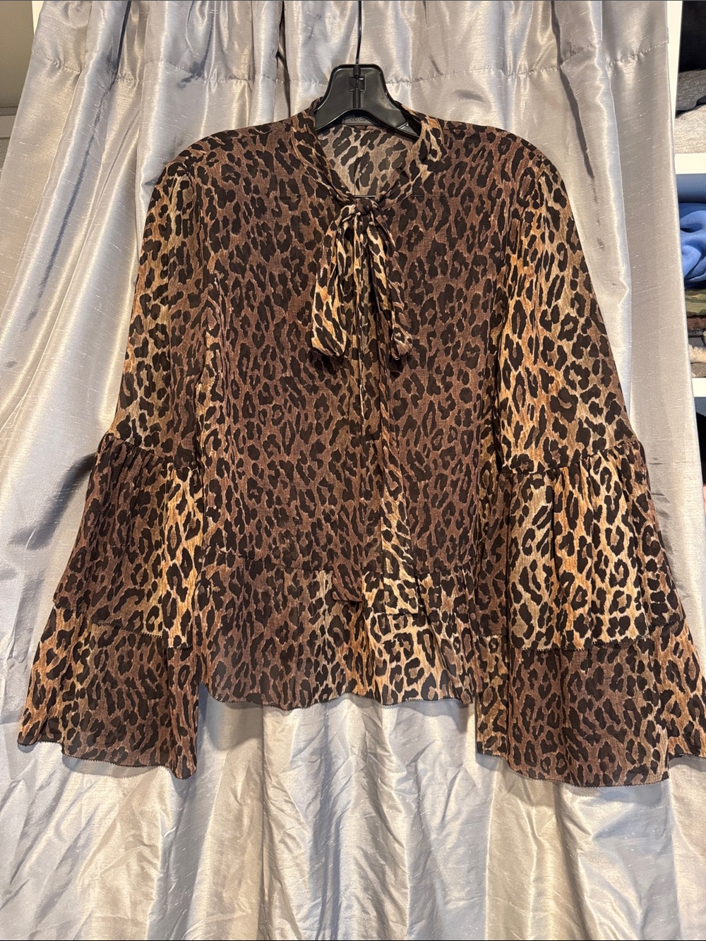 Saks Fifth Avenue Leopard Tie-Neck Bell Sleeve Blouse - Brown/Tan Size Medium